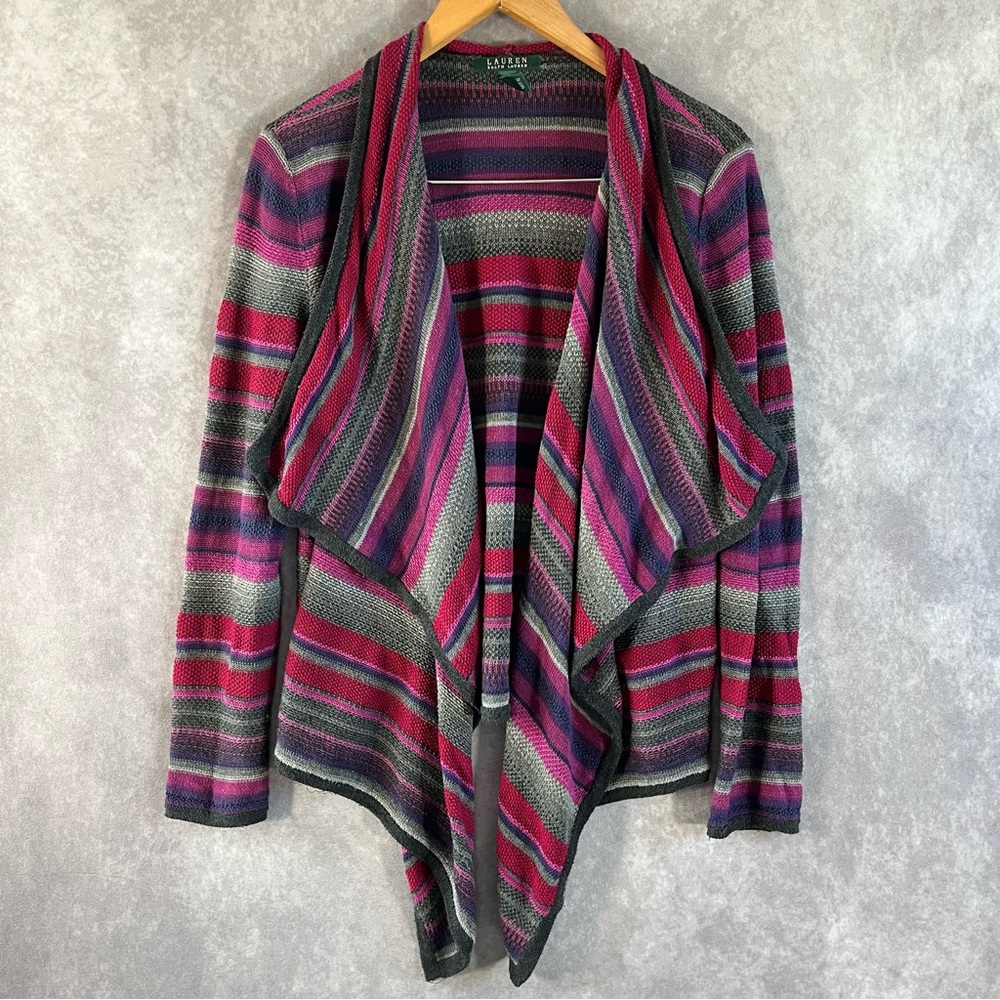 Lauren Ralph Lauren Cardigan Sweater Womens Medium Open Draped Stripe Woven Knit